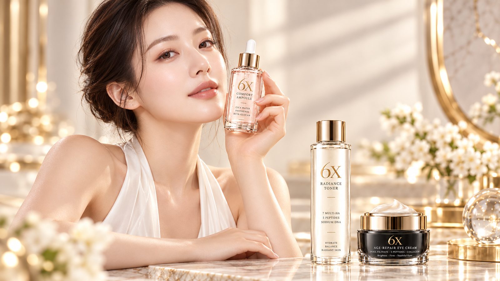 6X 컴포트 앰플을 든 모델과 래디언스 토너, 아이크림