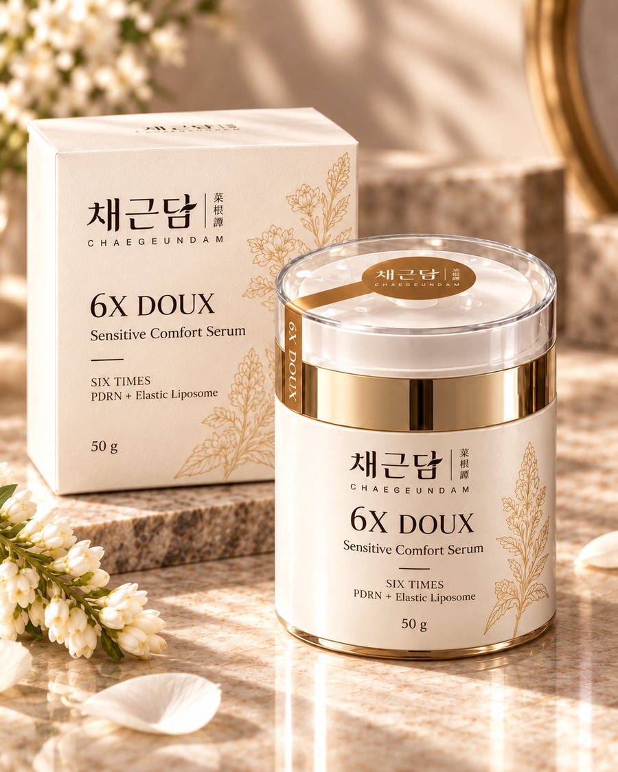 6X DOUX Sensitive Comfort Serum 50g, 아이보리 용기와 단상자