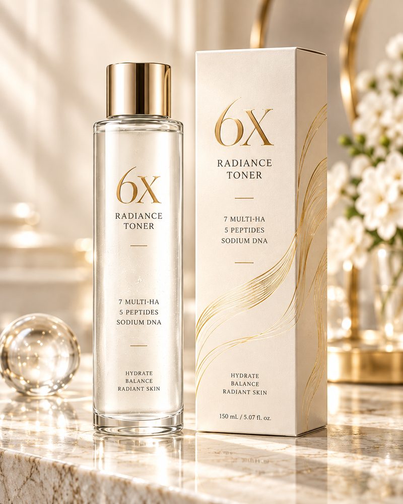 6X Radiance Toner 150mL, 투명 병과 아이보리 단상자