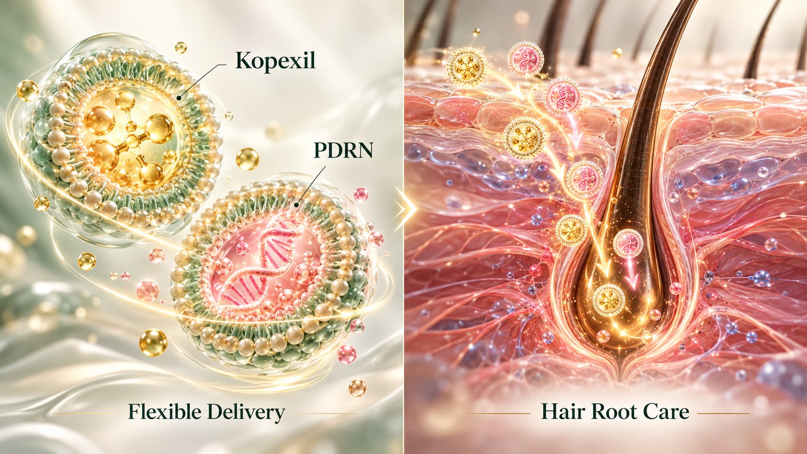 Kopexil 리포좀과 PDRN 리포좀이 모근 주변으로 전달되는 모식도