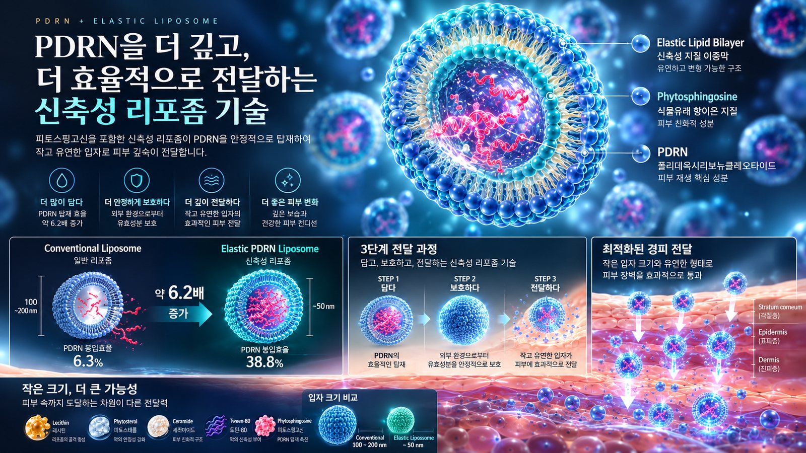 신축성 리포좀 기술 개요: 일반 리포좀 봉입효율 6.3%와 신축성 리포좀 38.8% 비교, 담다·보호하다·전달하다 3단계, 리포좀 구성 원료